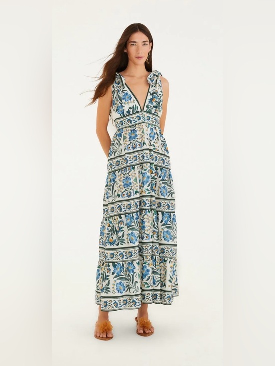FARM Rio Dresses & Skirts - FARM Rio Blue and White Floral V-Neck Tiered Maxi Dress